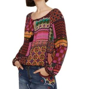 Desigual Giulia Patchwork Boho Blouse Multi Color Tassel Tie Top Small
